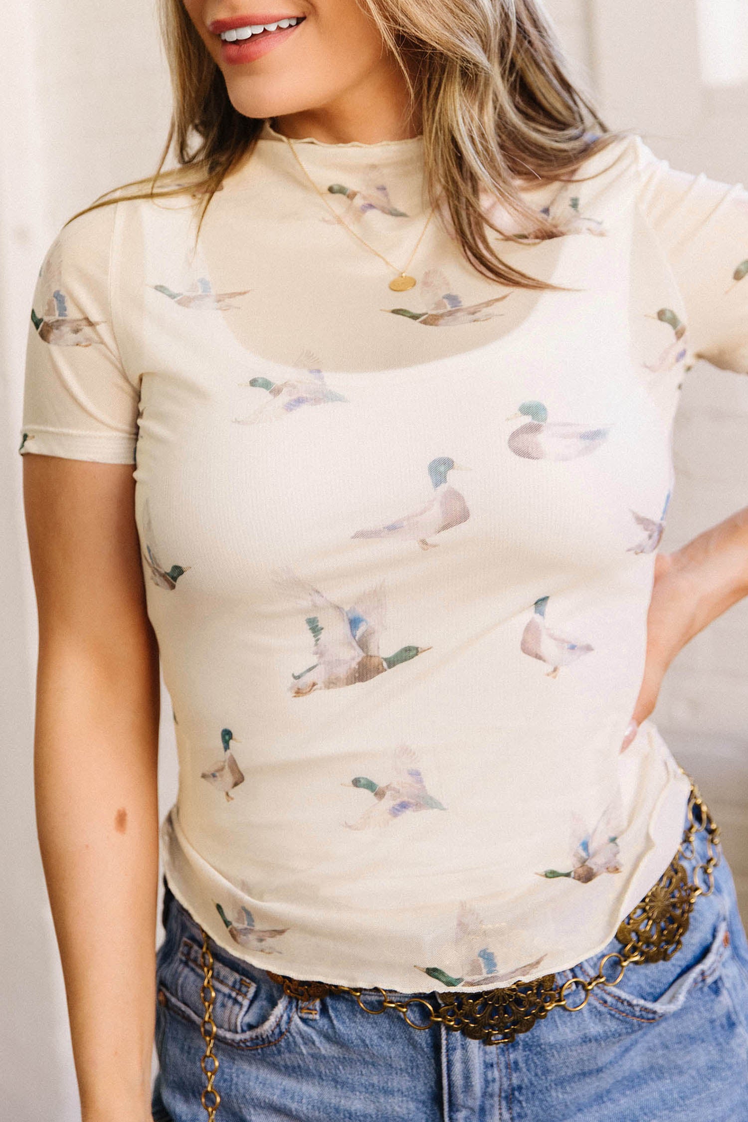 Beige Mallard Print Sheer Mesh Short Sleeve Top