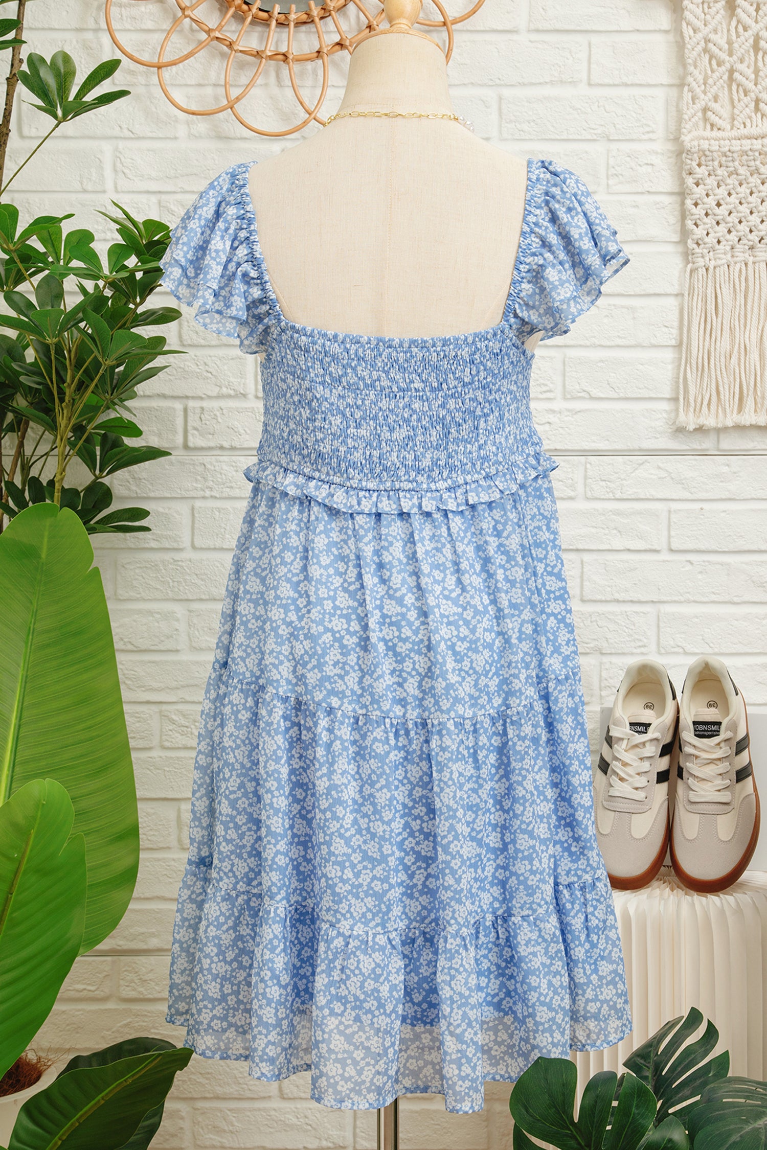 Floral Print Square Neck Flutter Sleeve Smocked Tiered Mini Dress