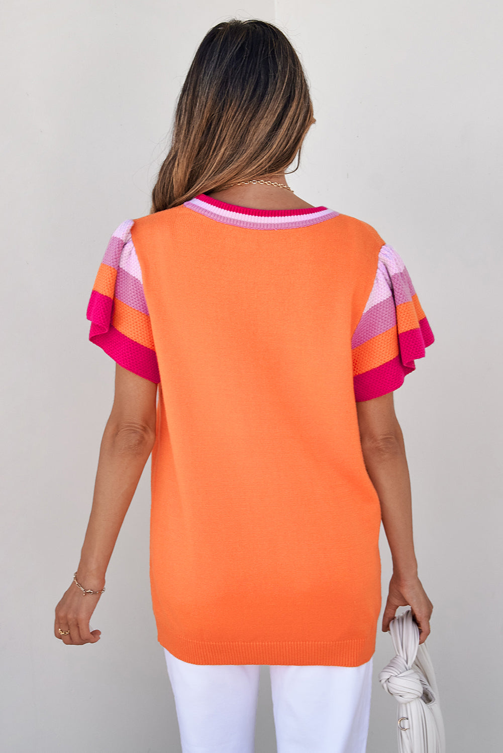 Turquoise Contrast Flutter Sleeves Knitted Sweater T Shirt eAura