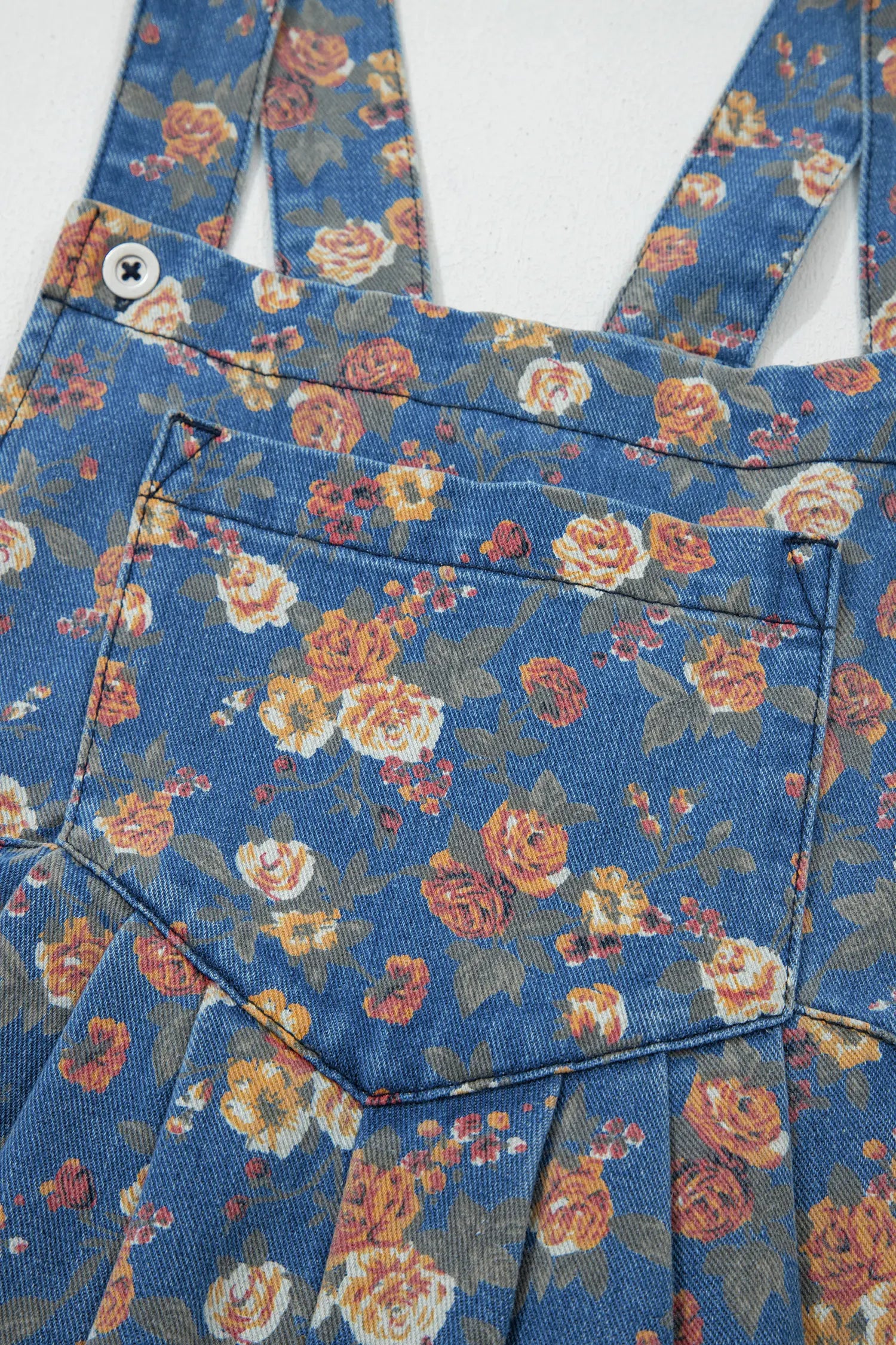 Blue Vintage Rose Printed Pleated Loose Denim Overall Jumpsuit