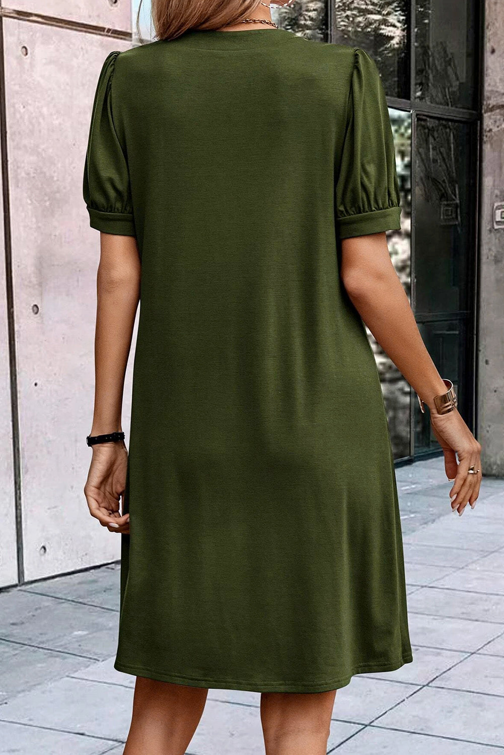 Fern Green Notched Neck Pleated Puff Sleeve Shift T-shirt Dress eAura