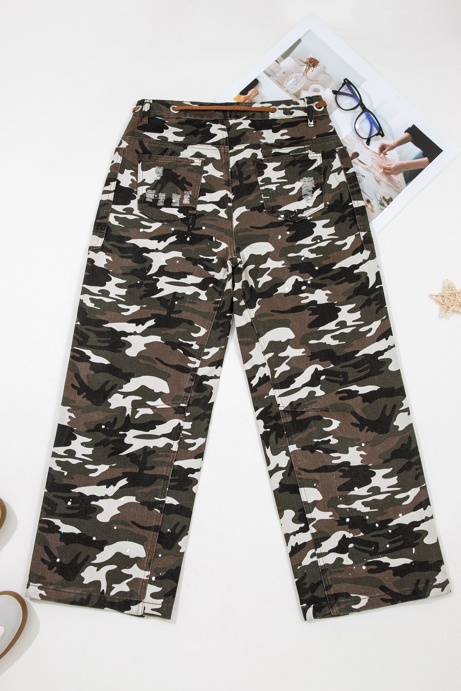 Camouflage Print Splashed Distressed Loose Denim Pants - eAura