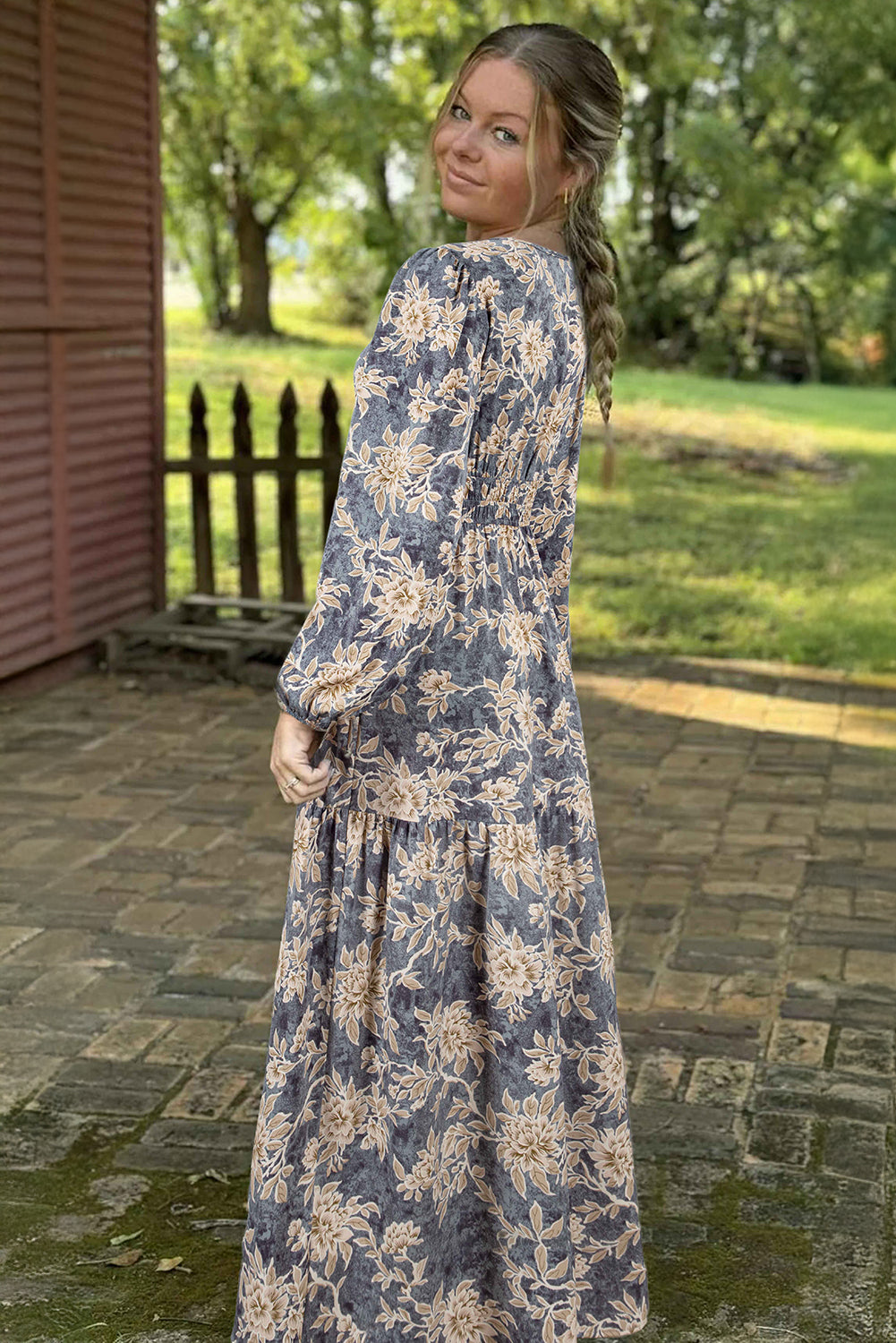 Floral Print Smocked High Waist Long Sleeve Maxi Dress