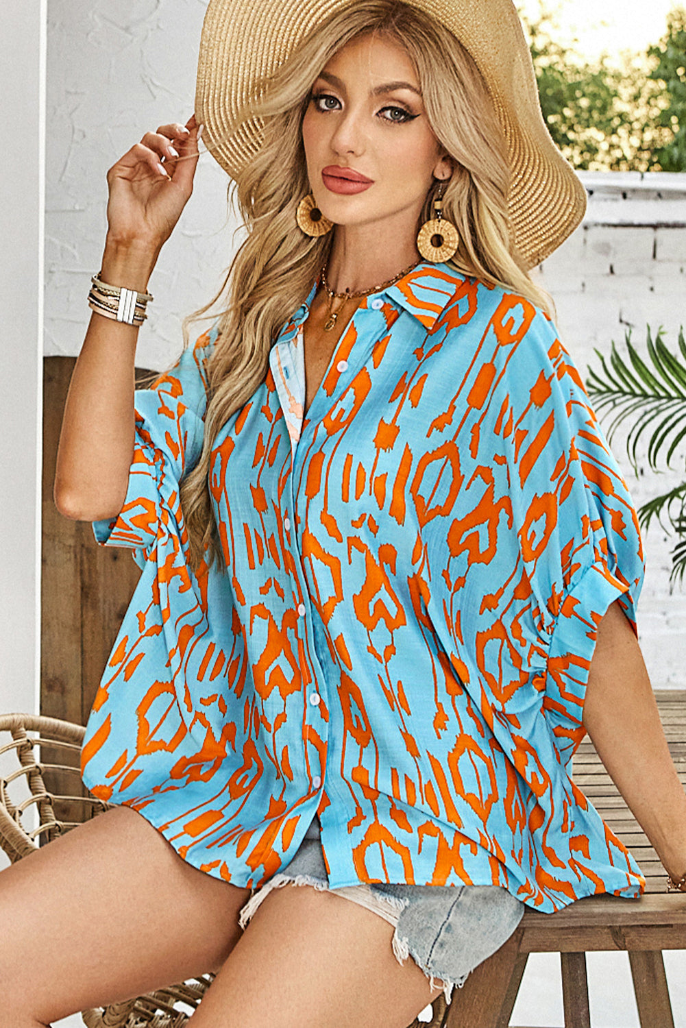 Sky Blue Abstract Print Dolman Short Sleeve Western Loose Shirt eAura
