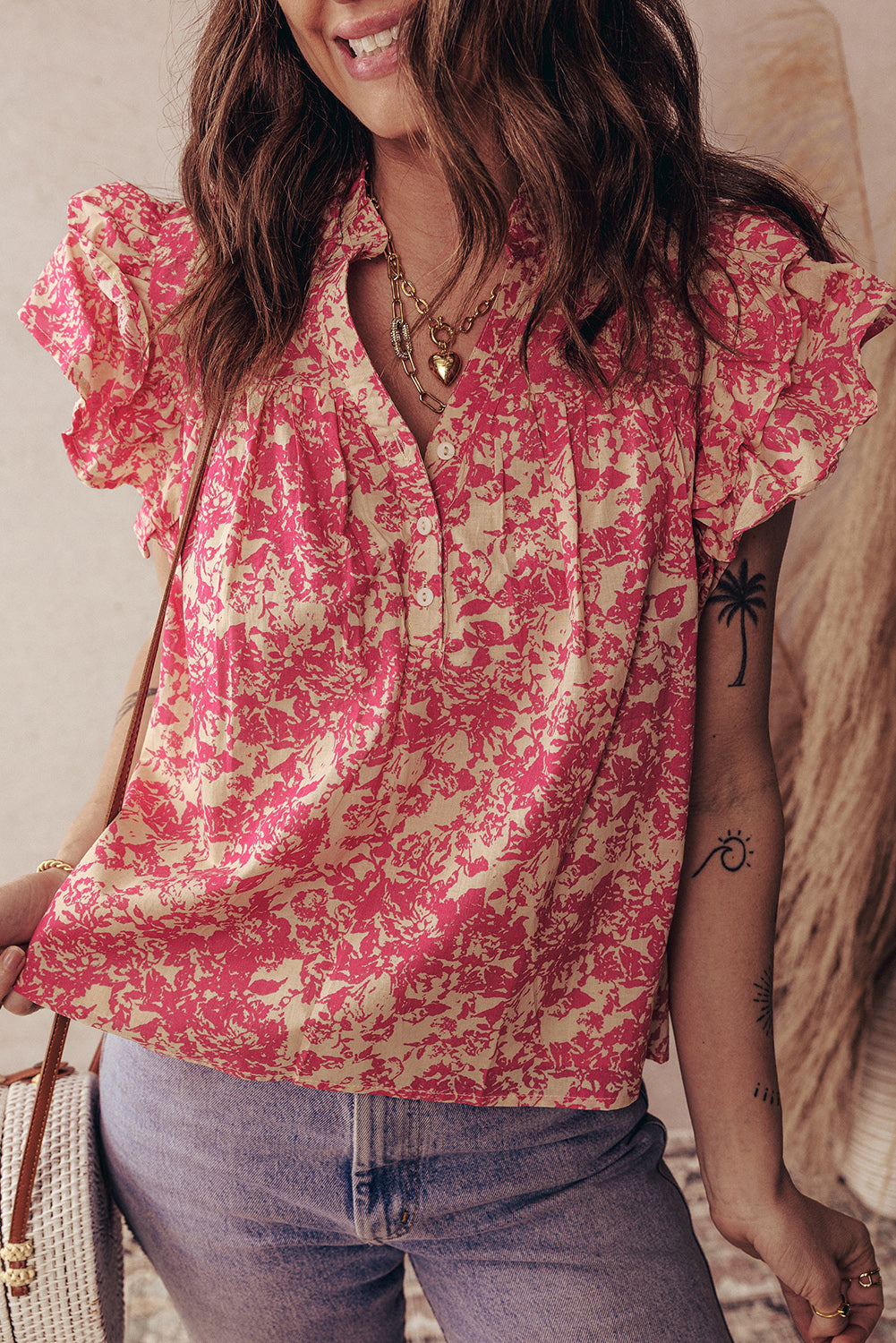 Rose Allover Print Half Button Neck Ruffle Sleeve Blouse eAura