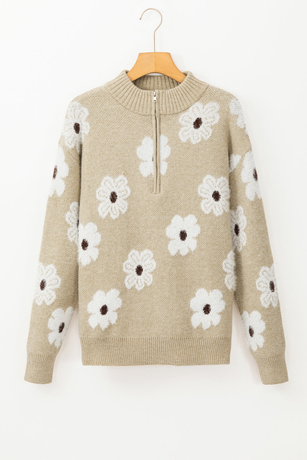 Green Floral Pattern Half Zip Drop Shoulder Sweater eAura