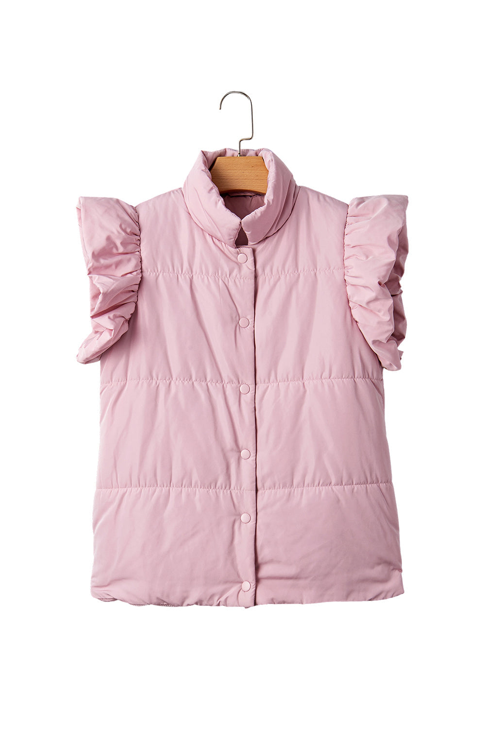Pink Stand Neck Flutter Cap Sleeve Snap Button Puffer Vest - eAura