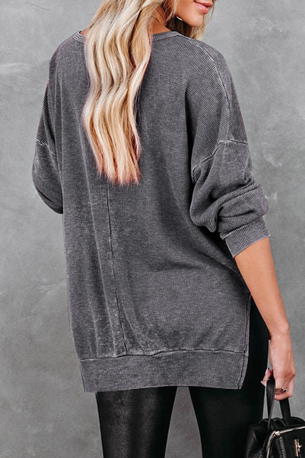 Grey Waffle Knit Side Slit Pullover Top eAura