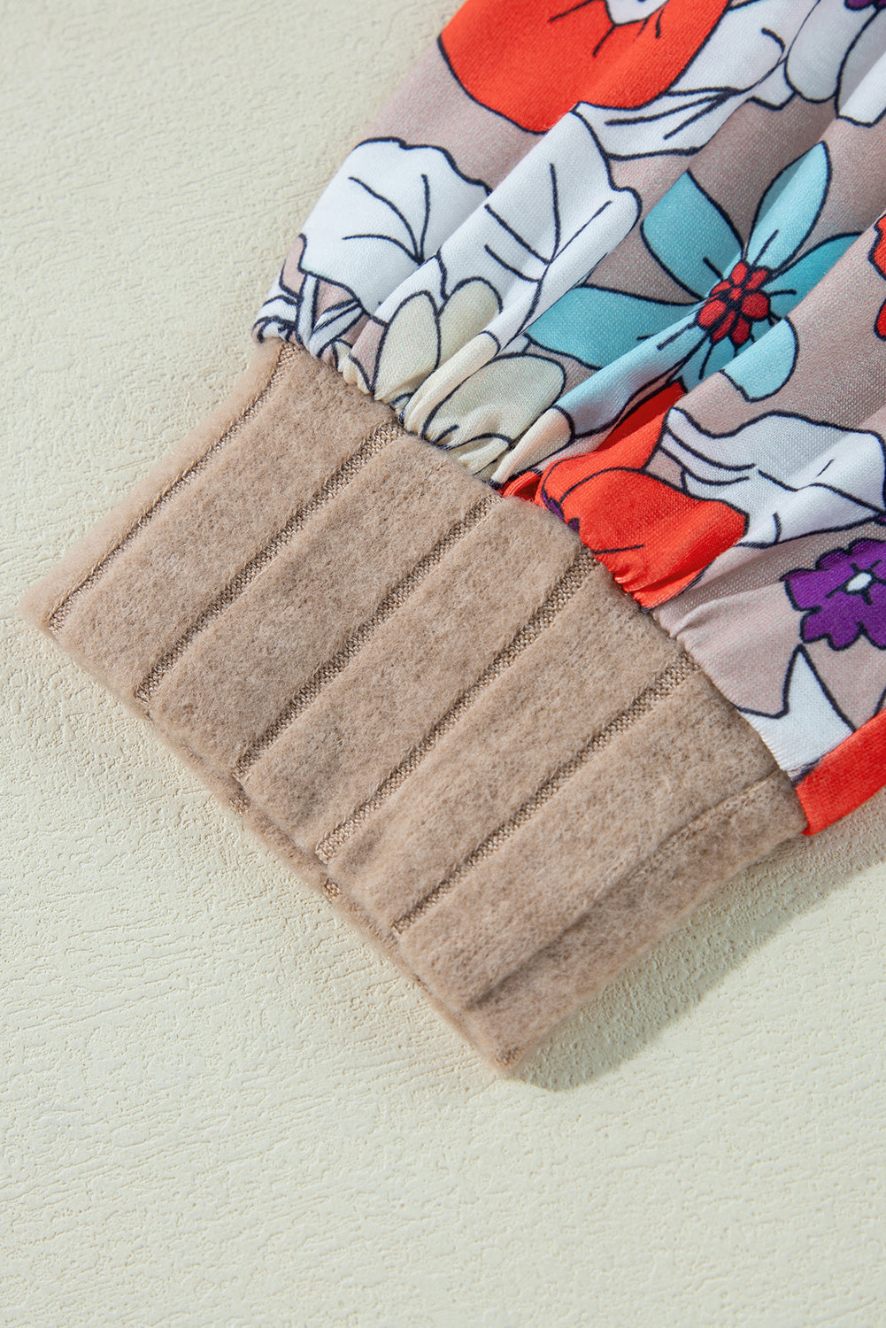 Black Floral Patchwork Long Sleeve Ribbed Blouse - eAura