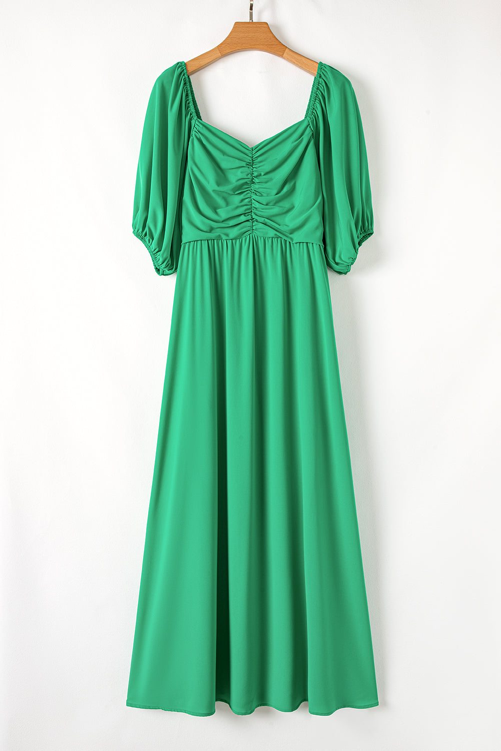 Bright Green Ruched Front Puff Sleeve Plus Size Long Dress BB Fashion Outlet