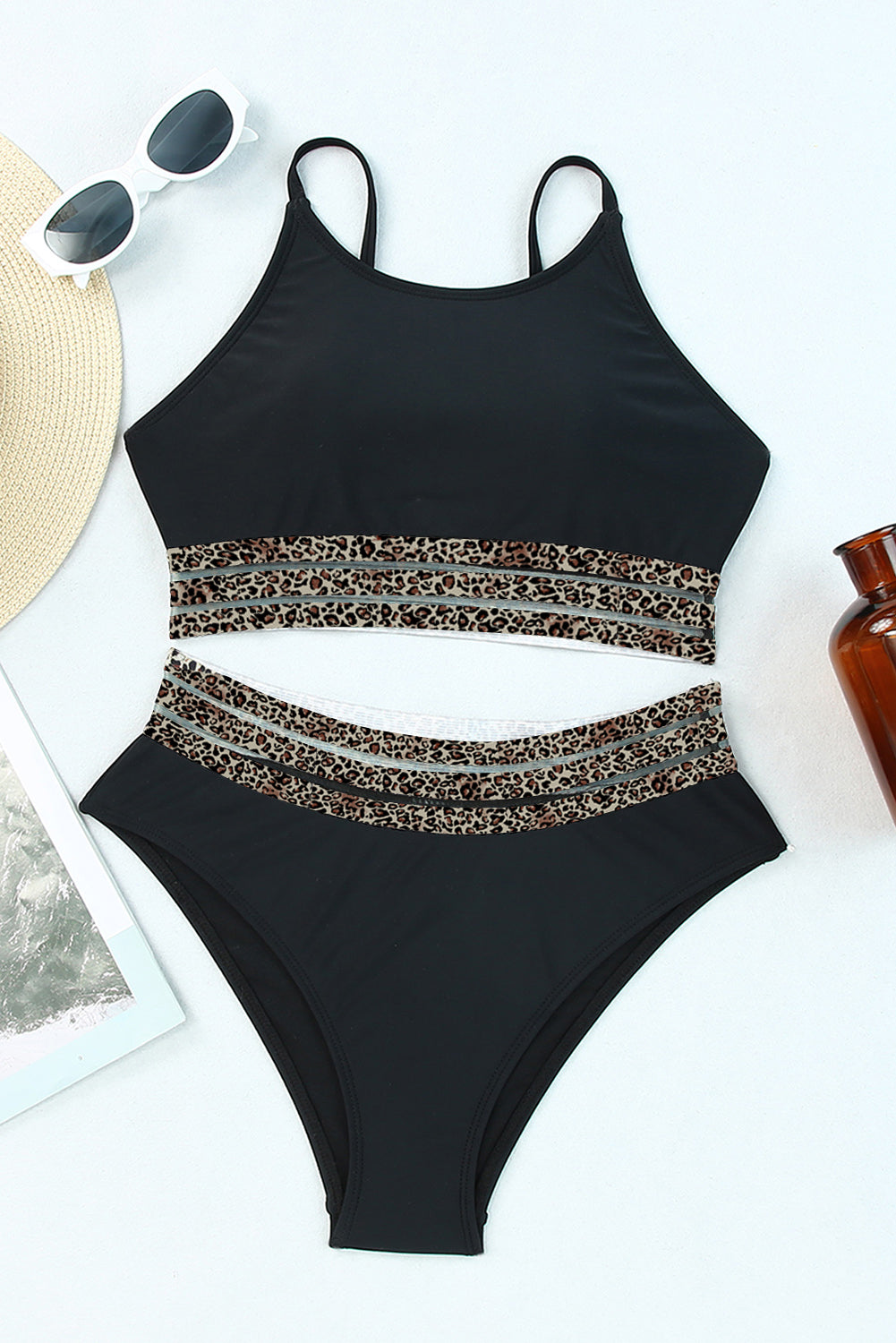 Black Rose Leopard Mesh Trim 2pcs Bikini Swimsuit BB Fashion Outlet