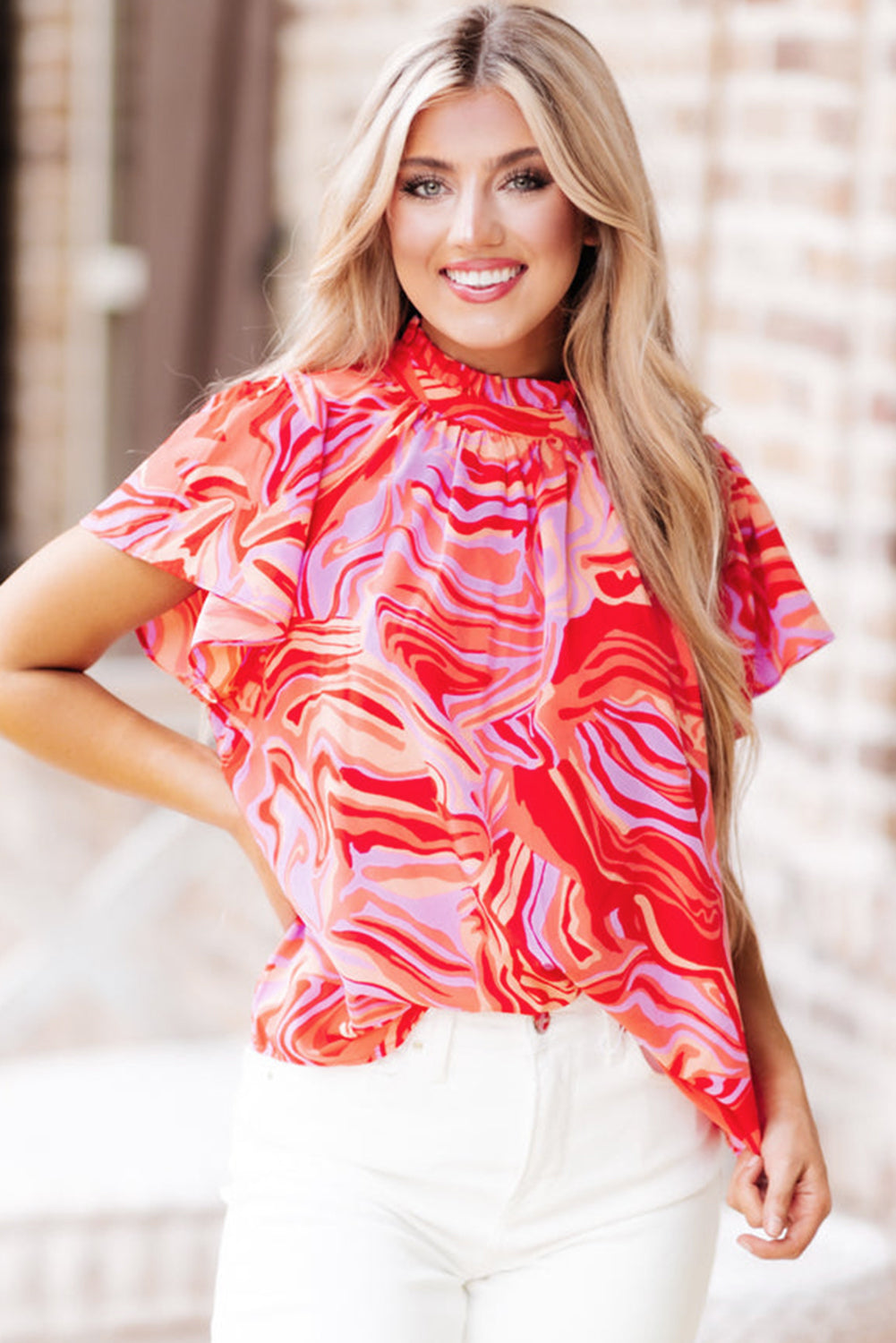 Red Abstract Print Ruffled Short Sleeve Mock Neck Blouse eAura