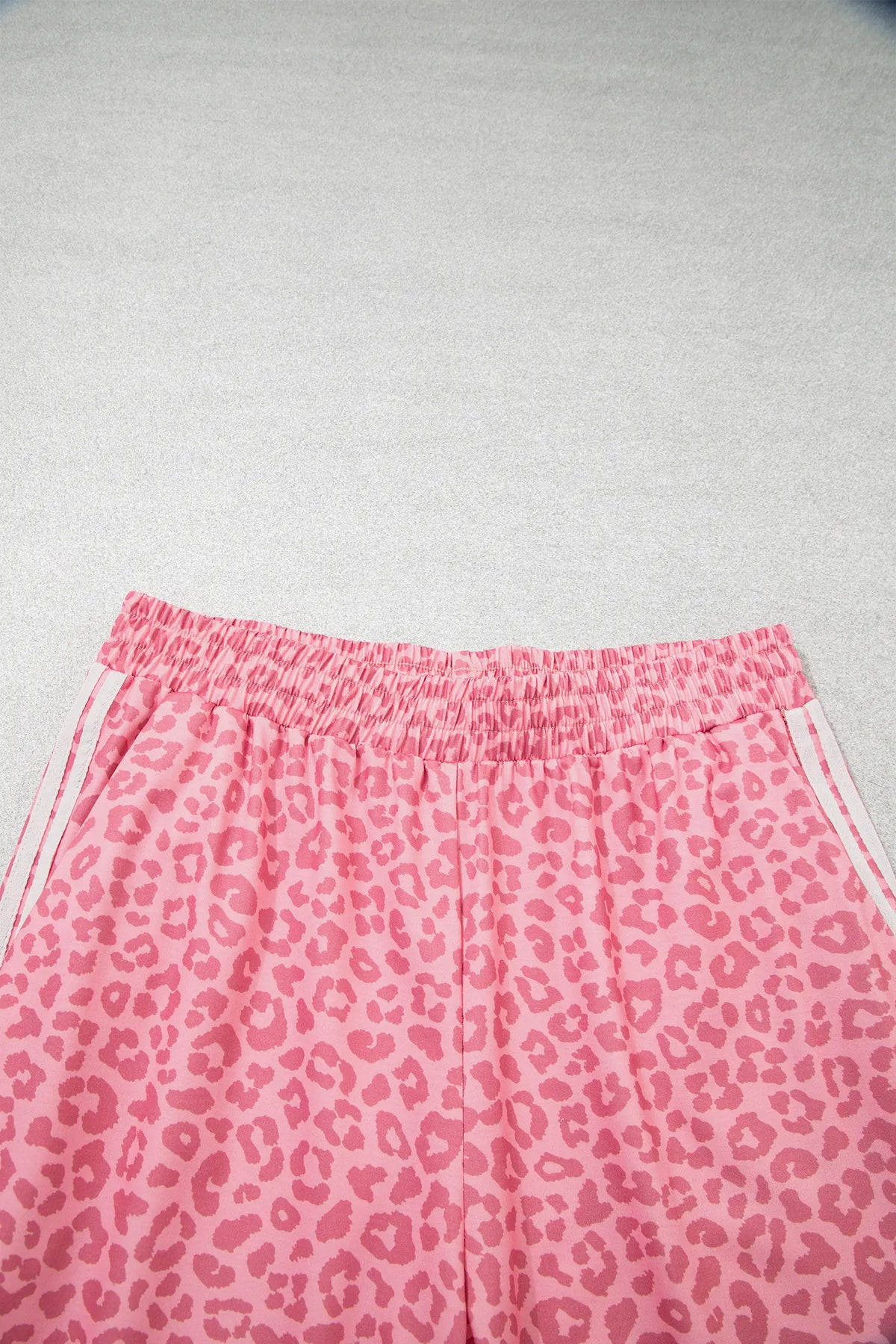 Leopard Print Varsity Striped Detail 3/4 Sleeve Top Shift Pant Set – Pink