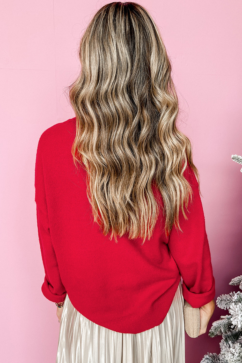 Fiery Red Tinsel Merry Letter Drop Shoulder Baggy Sweater eAura