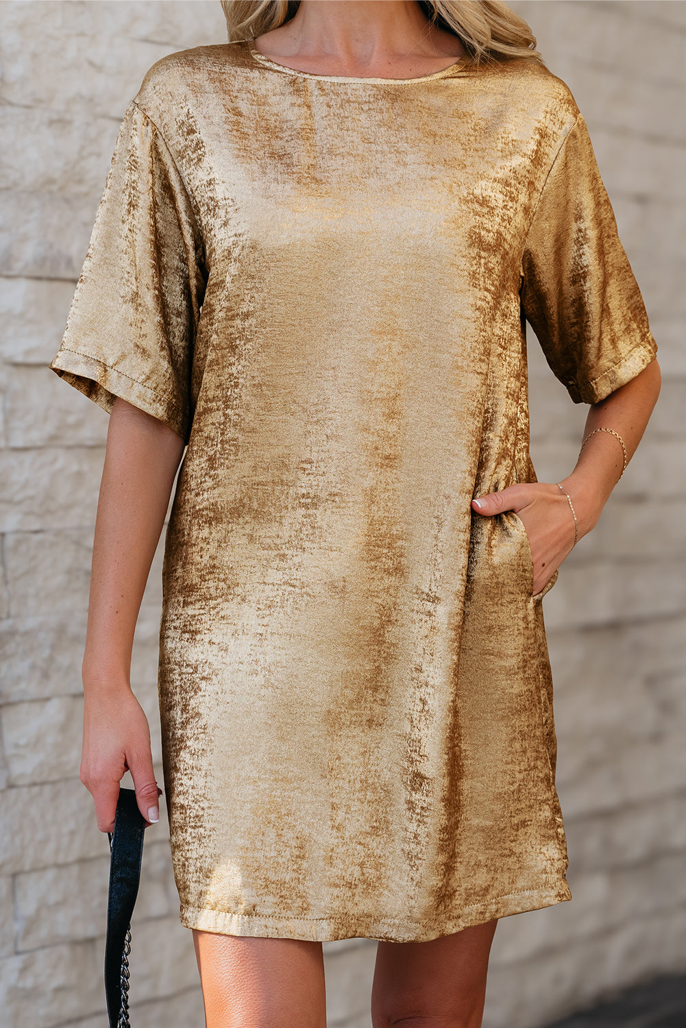 Gold Metallic Luster Crewneck Mini T-Shirt Dress eAura