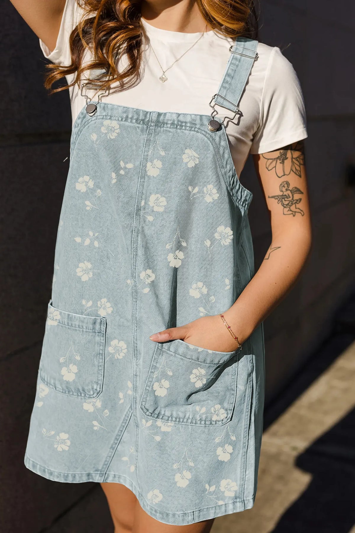 Sky Blue Retro Wash Denim Floral Print Overall Mini Dress – Light Blue