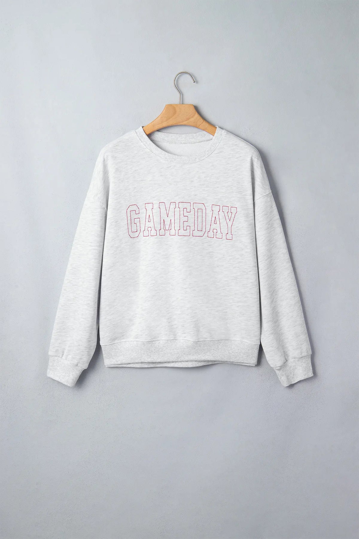 Game Day Letter Embroidery Long Sleeve Round Neck Sweatshirt – Light Grey