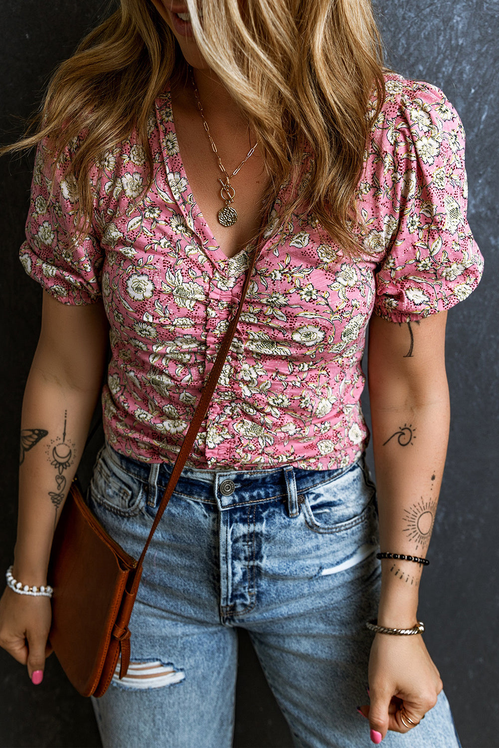 Pink Floral Short Puff Sleeve V Neck Ruched Blouse eAura