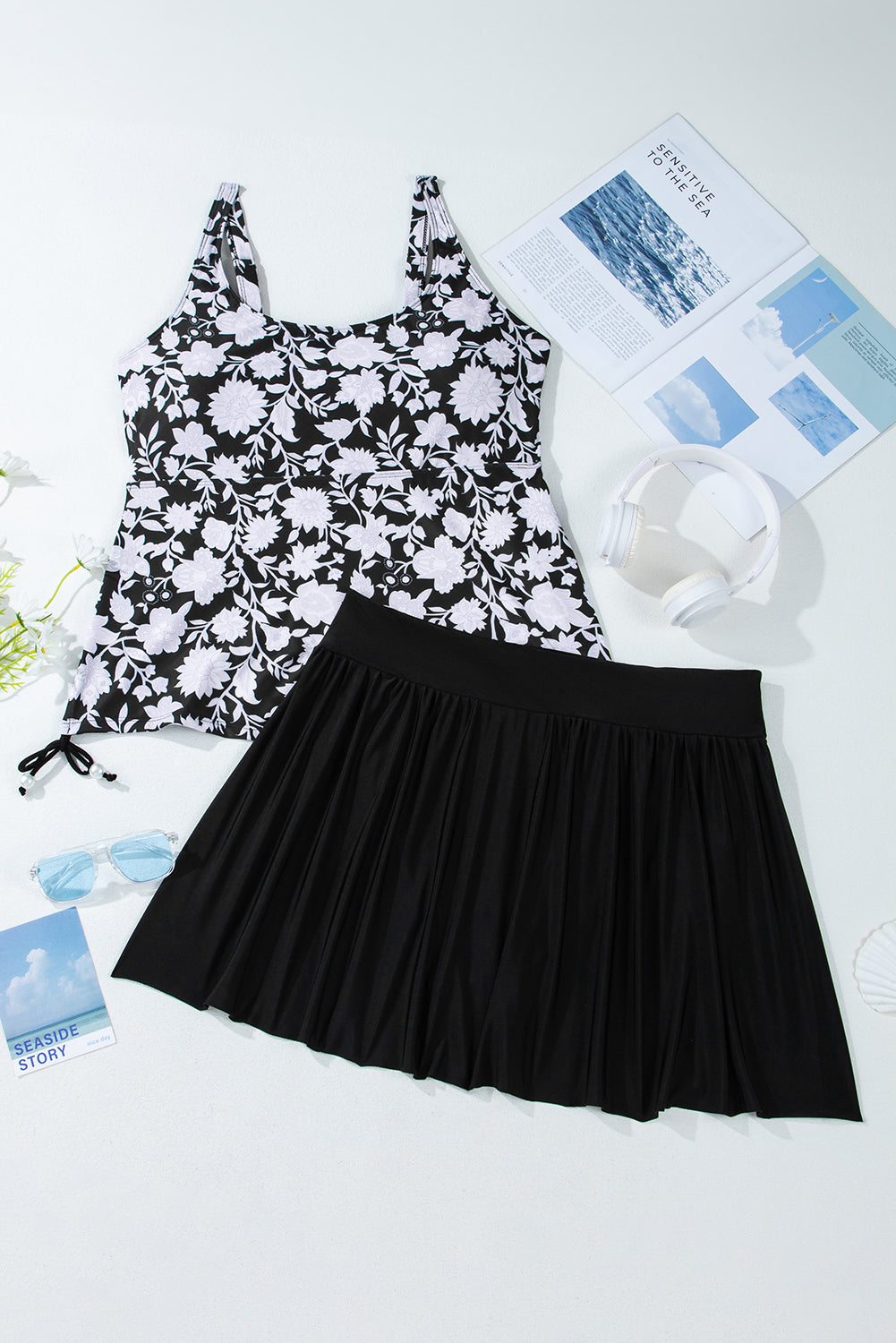 Black Plus Size Printed Square Neck Drawstring Ruffled Tankini Set BB Fashion Outlet