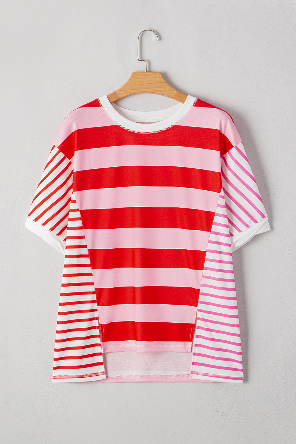 Pink Stripe Patchwork Round Neck Side Split Loose T Shirt Dear-Lover Dropshipping