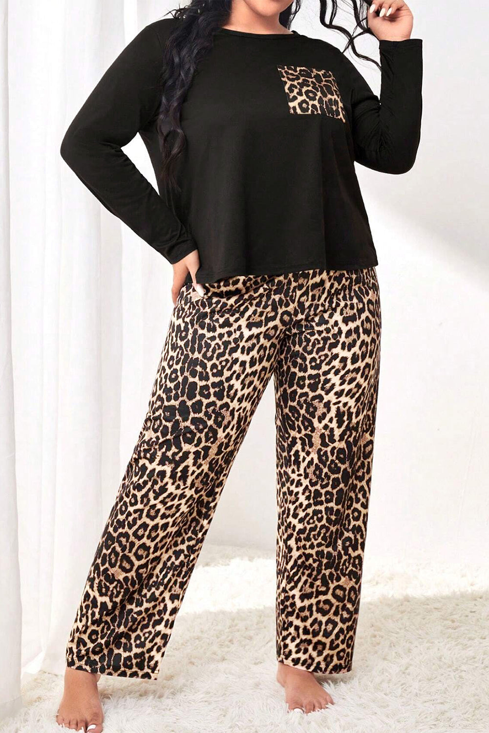 Black Leopard Patched Pocket Long Sleeve Top Plus Size Trousers Set BB Fashion Outlet