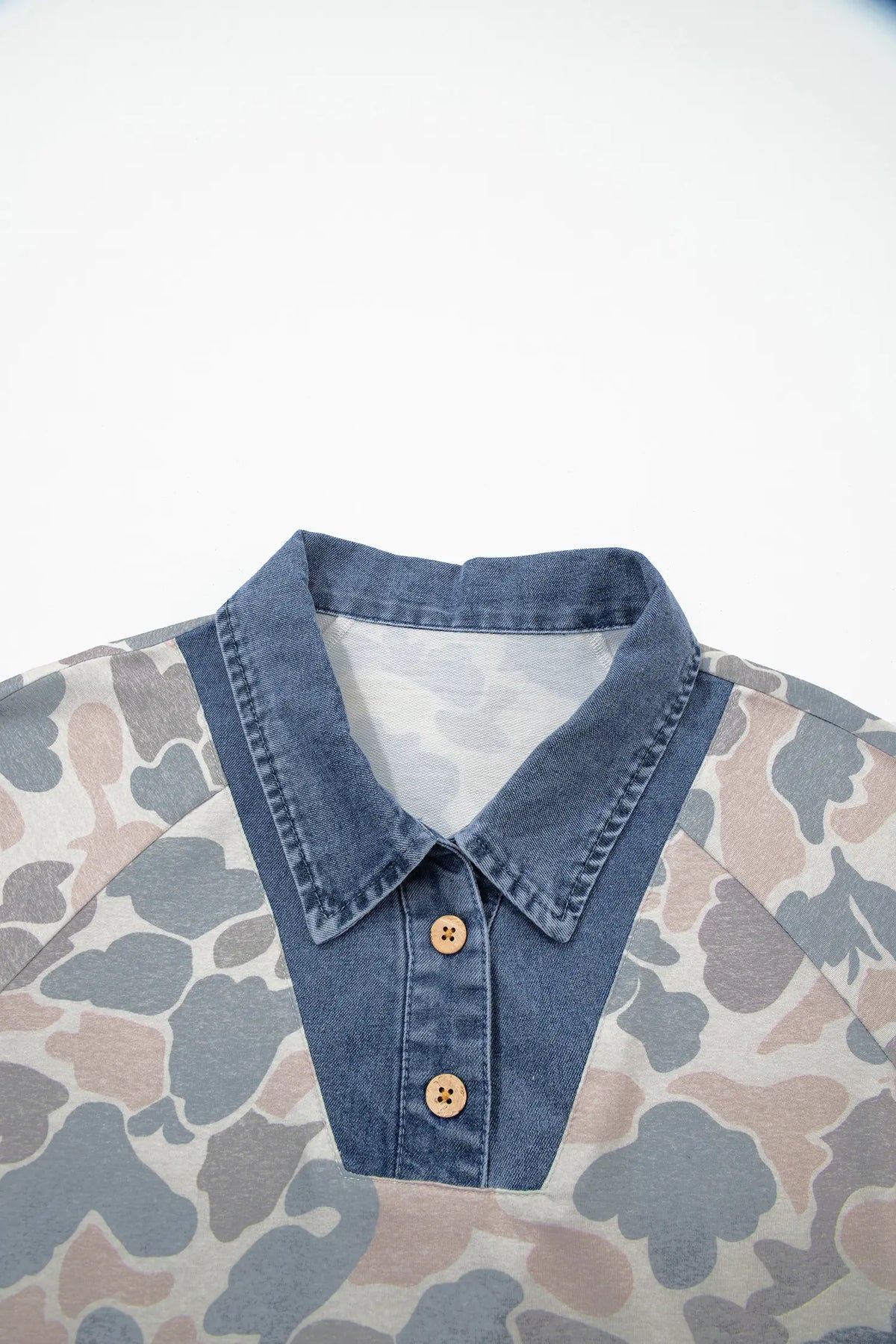 Camouflage Print Denim Patchwork Polo Collar Tee – Multicolour