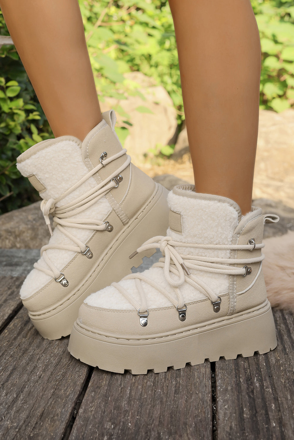 White Sherpa PU Leather Patchwork Lace-up Thick Bottom Snow Boots - eAura