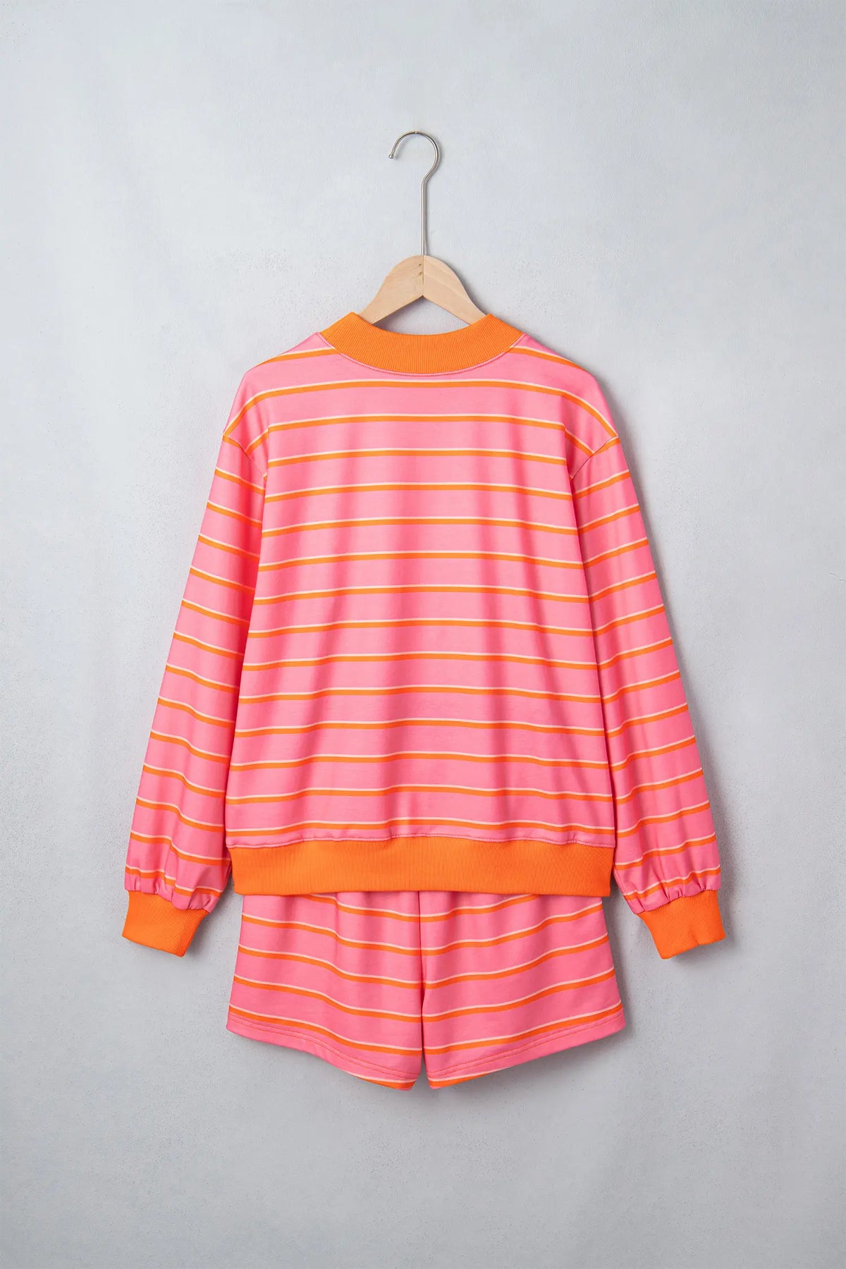 Colour Block Trim Long Sleeve Pullover Pocketed Shorts 2pcs Set – Rose Stripe