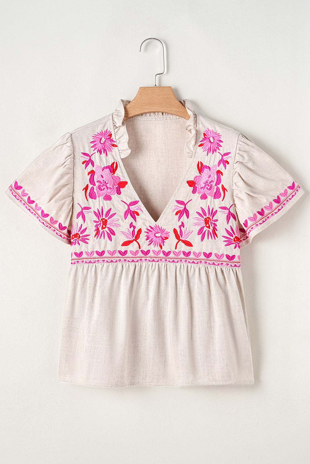 Beige Floral Embroidered Short Sleeve Notched V Neck Blouse eAura