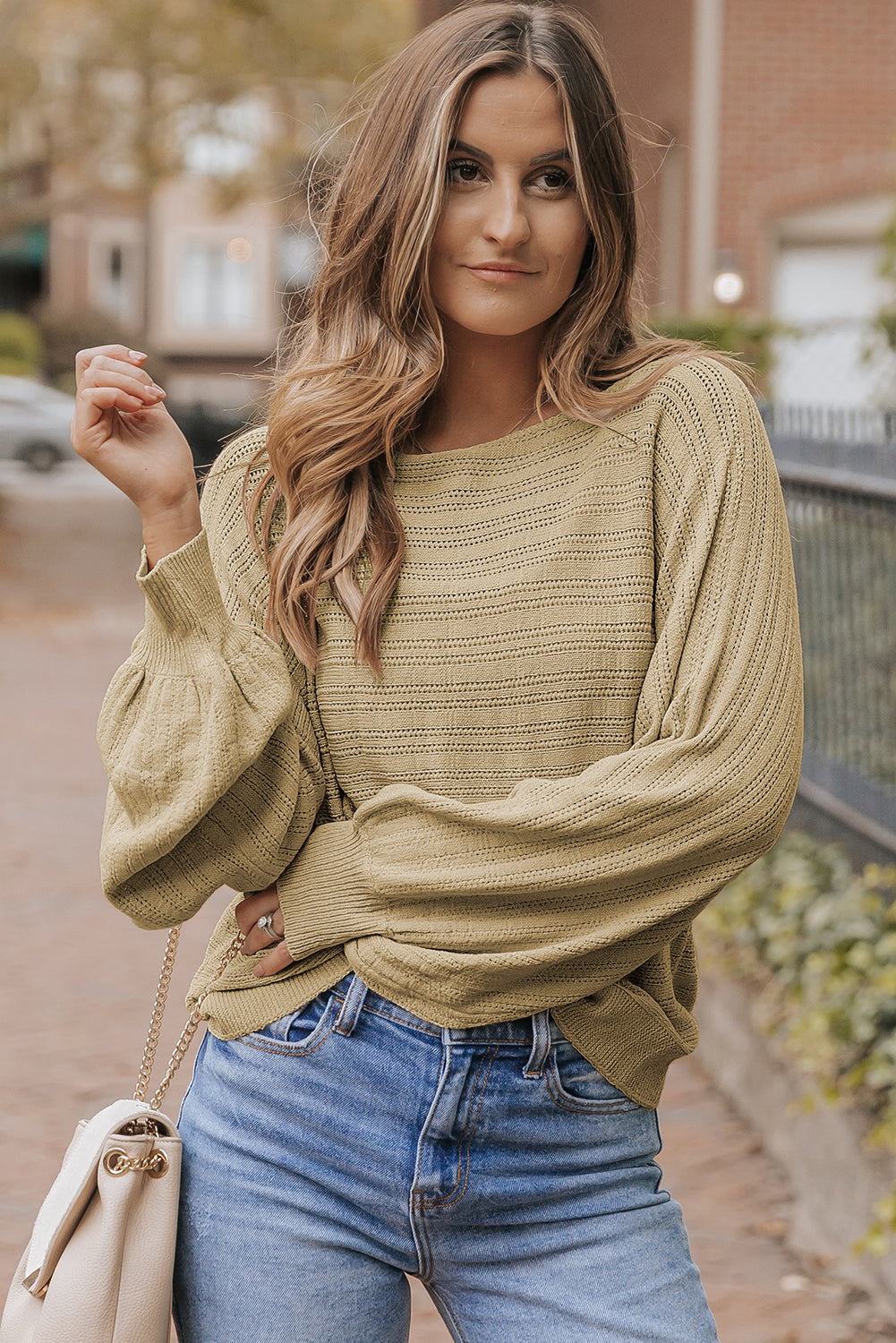 Apricot Lantern Sleeve Eyelets Textured Knit Sweater eAura