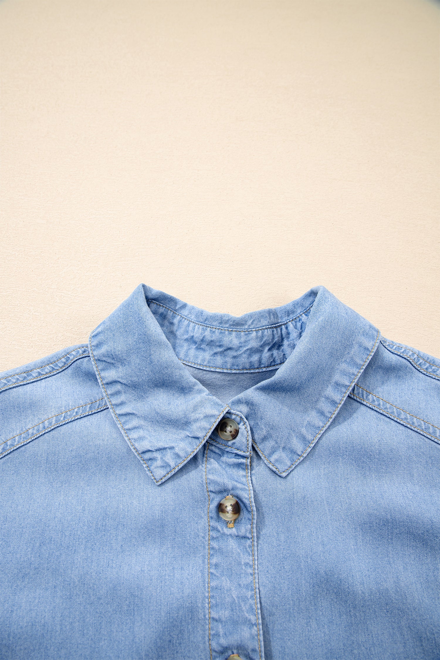 Half Sleeve Button Down Ruffled High Low Chambray Shirt