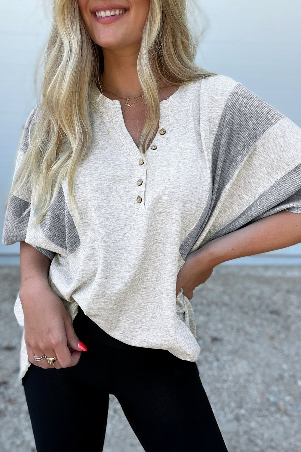 Light Grey Two Tone Contrast Waffle Knit Patched Buttoned V Neck Top eAura