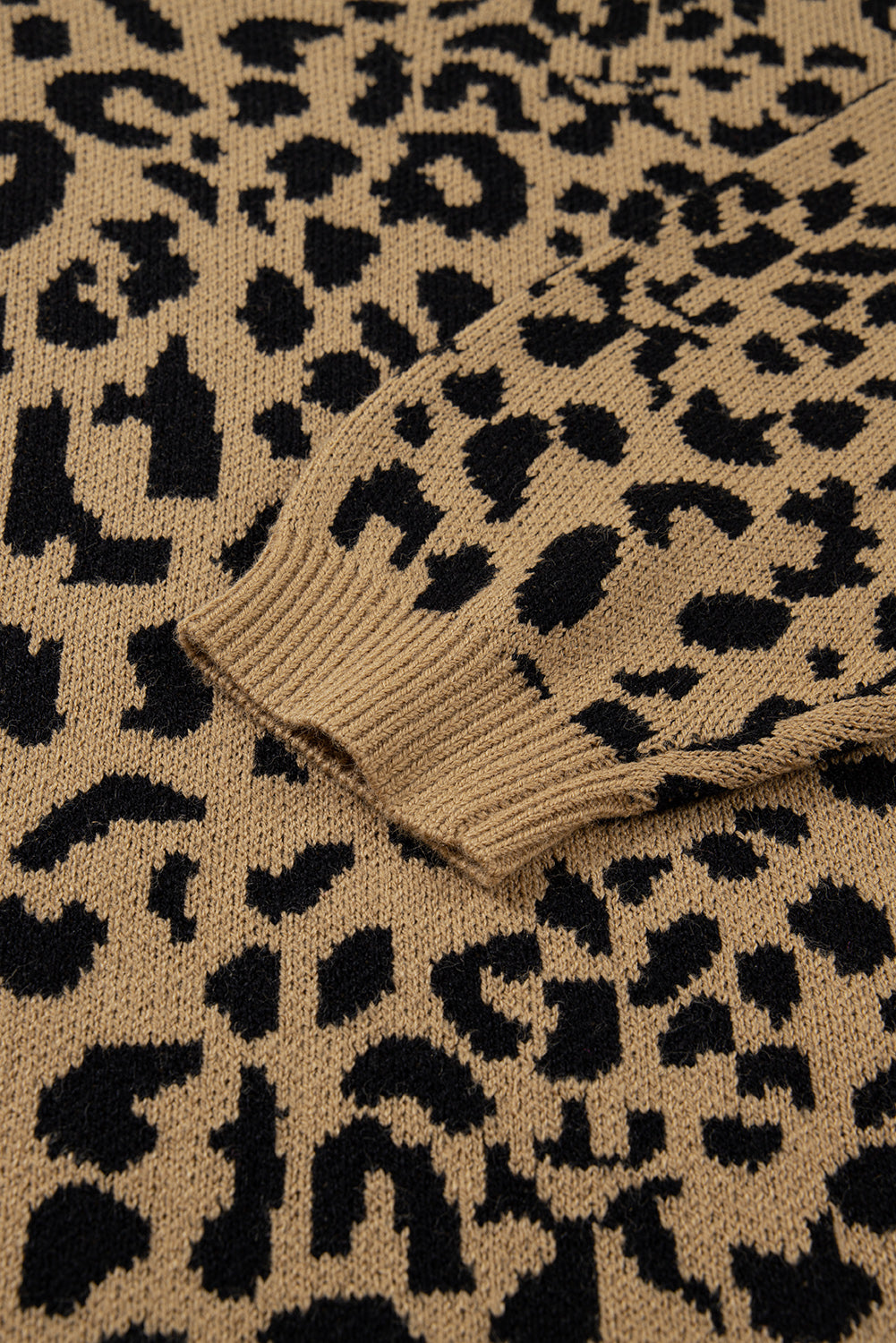 Beige Ribbed Trim Round Neck Leopard Drop Shoulder Sweater - eAura