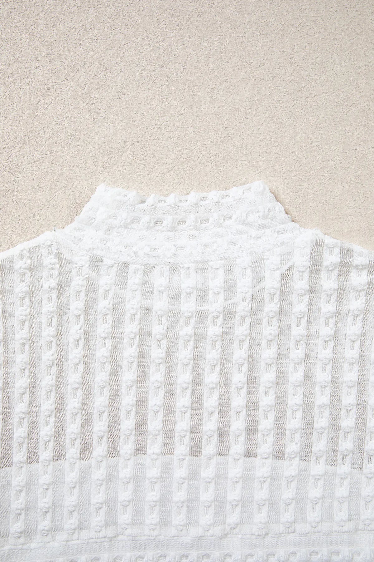 Textured Sheer Lace High Neck Long Sleeve Top – Beige