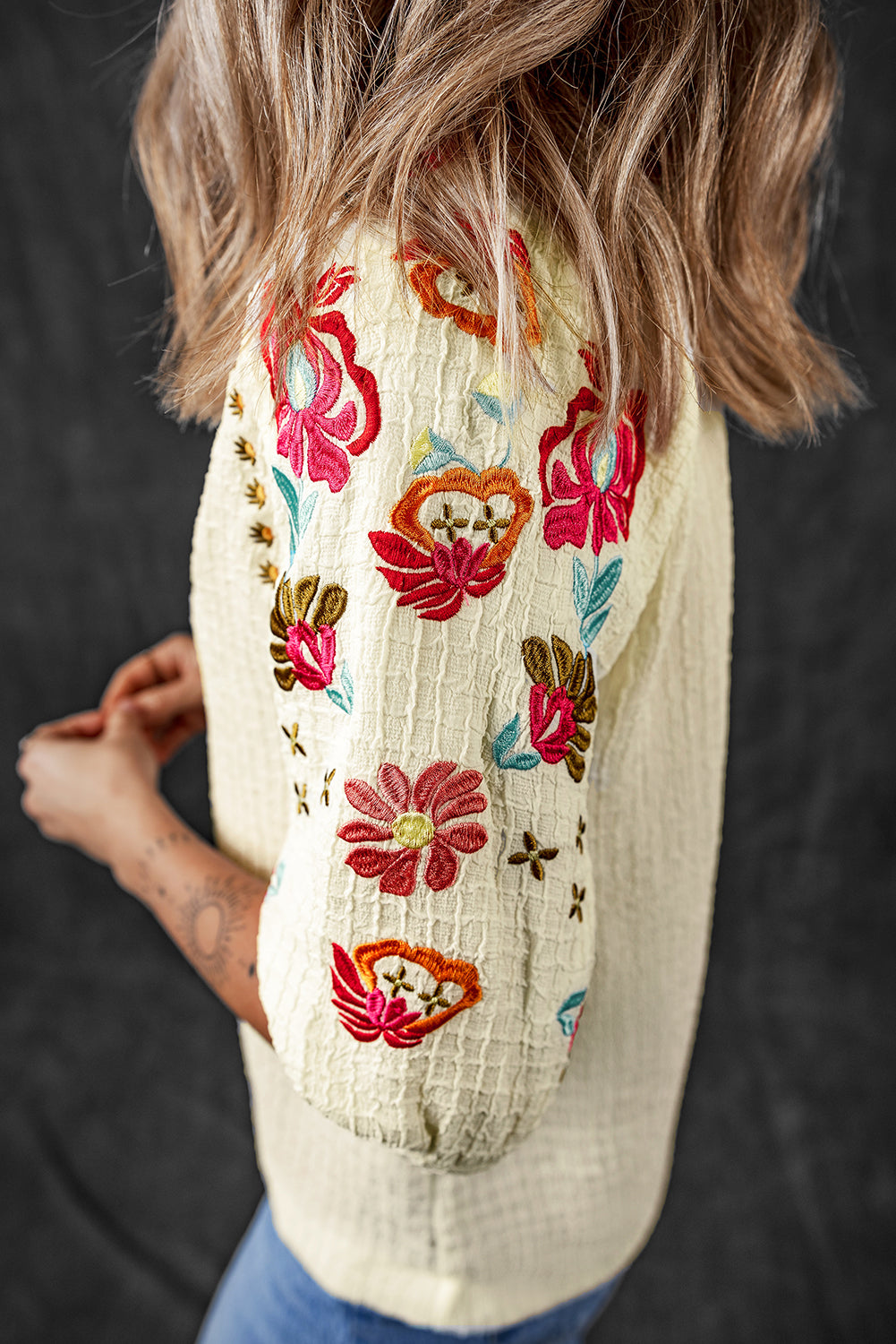 Beige Floral Embroidered Ricrac Puff Sleeve Textured Blouse BB Fashion Outlet