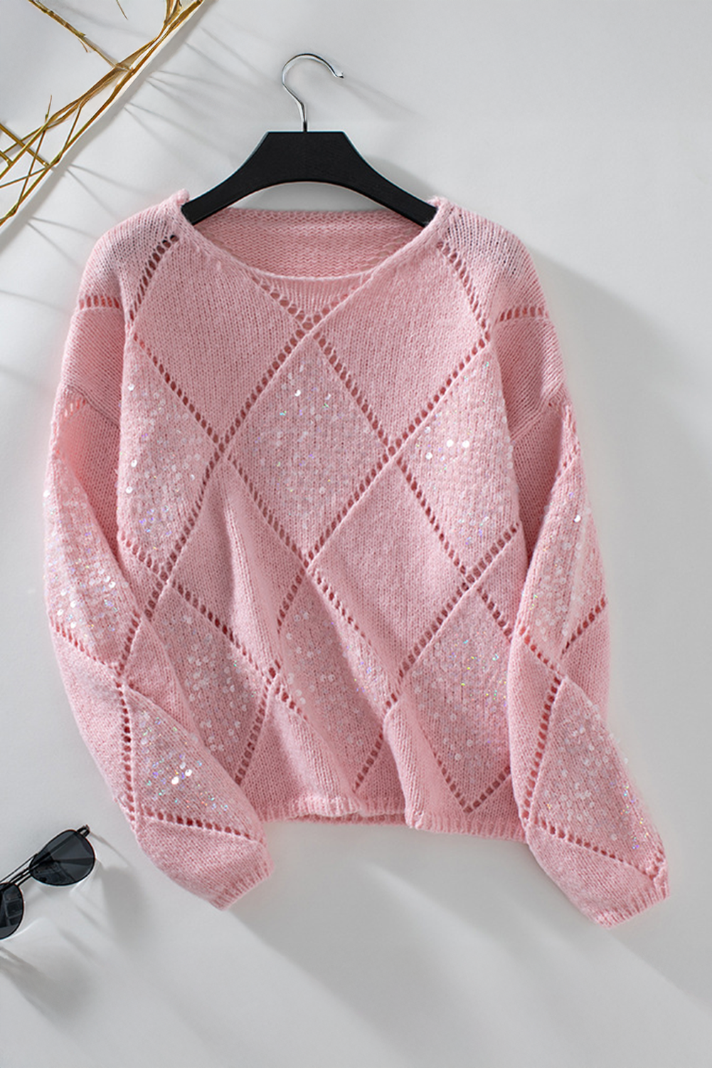 Hollowed Rhombus Pattern Sequin Detail Round Neck Sweater eAura