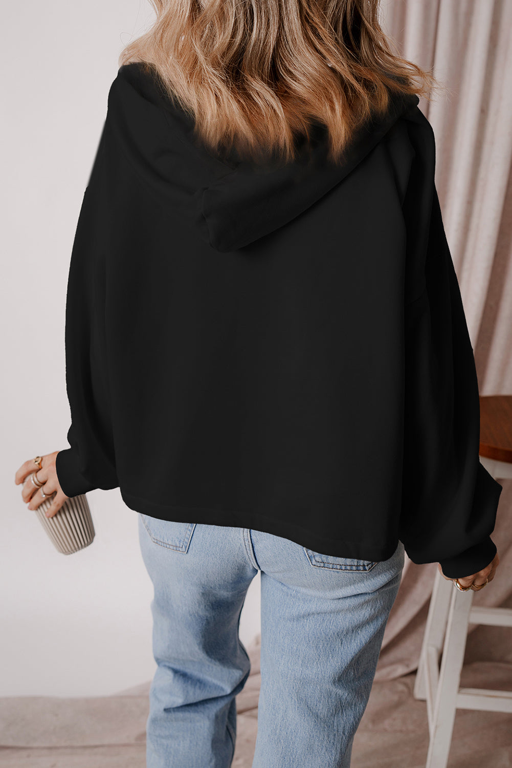 Black Fleece Lined Half Zipper Kangaroo Pockets Loose Hoodie eAura