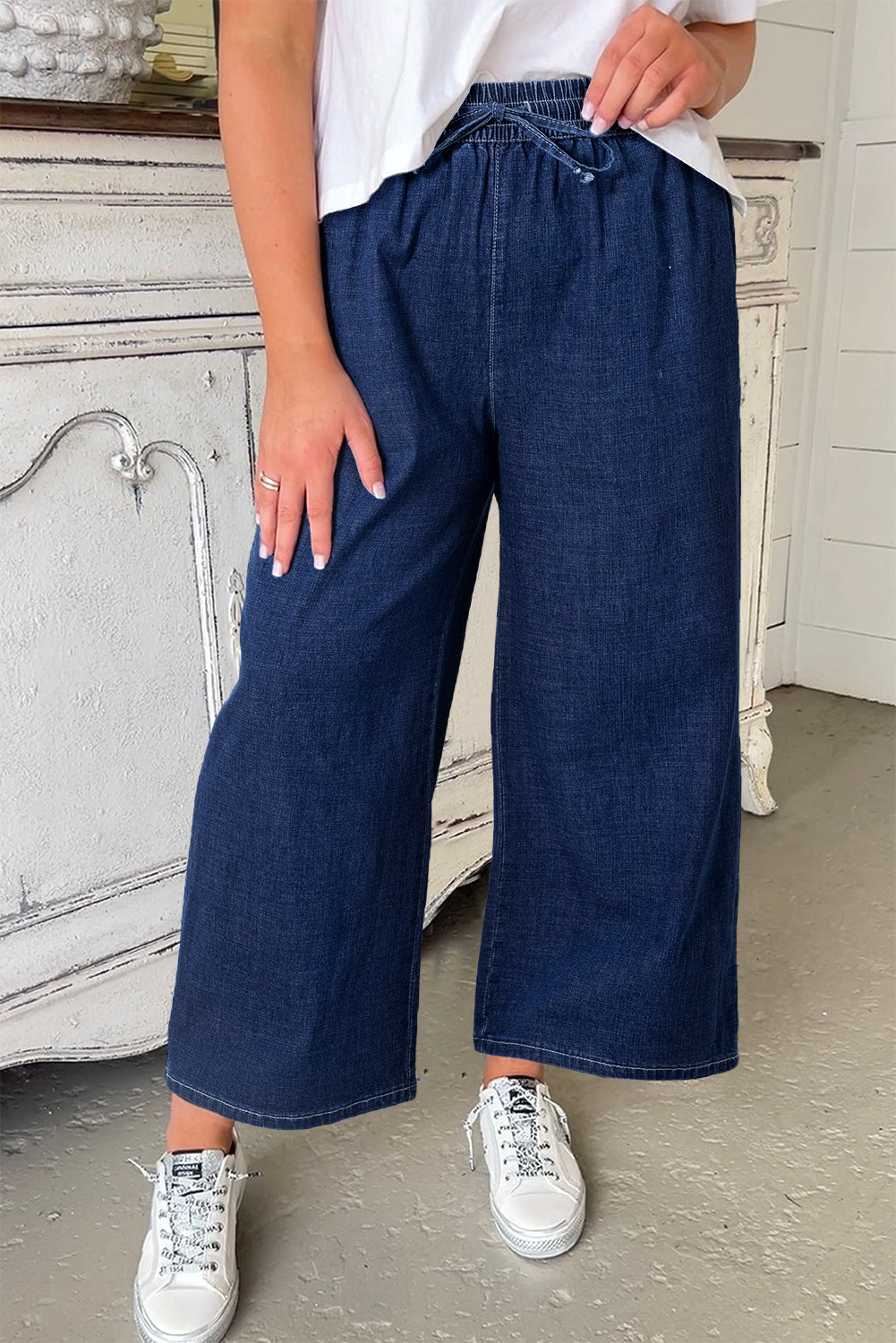 Real Teal Plus Size Drawstring High Waist Wide Leg Casual Jeans BB Fashion Outlet