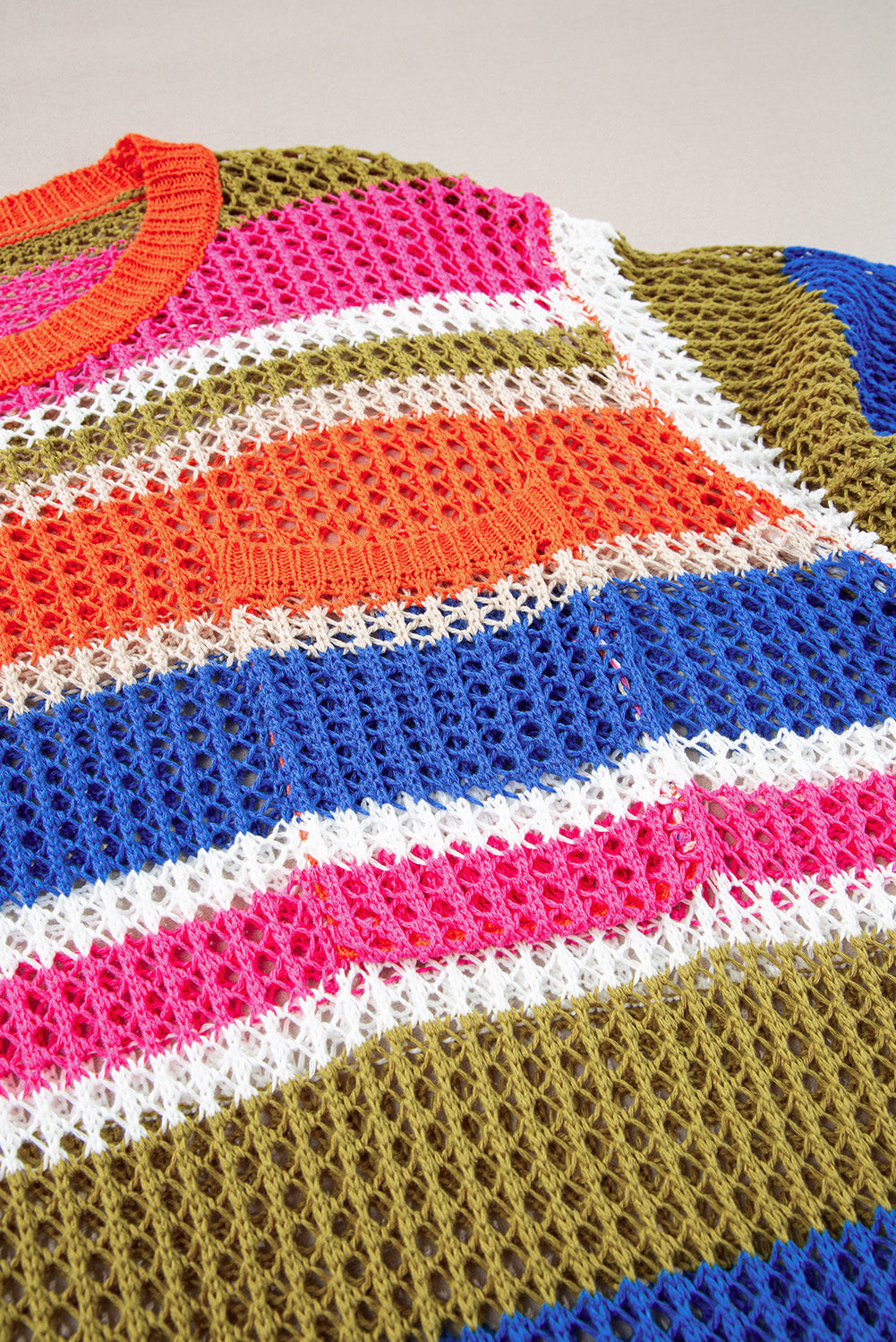 Pink Stripe Colourblock Hollowed Crochet 3/4 Sleeve Sweater eAura