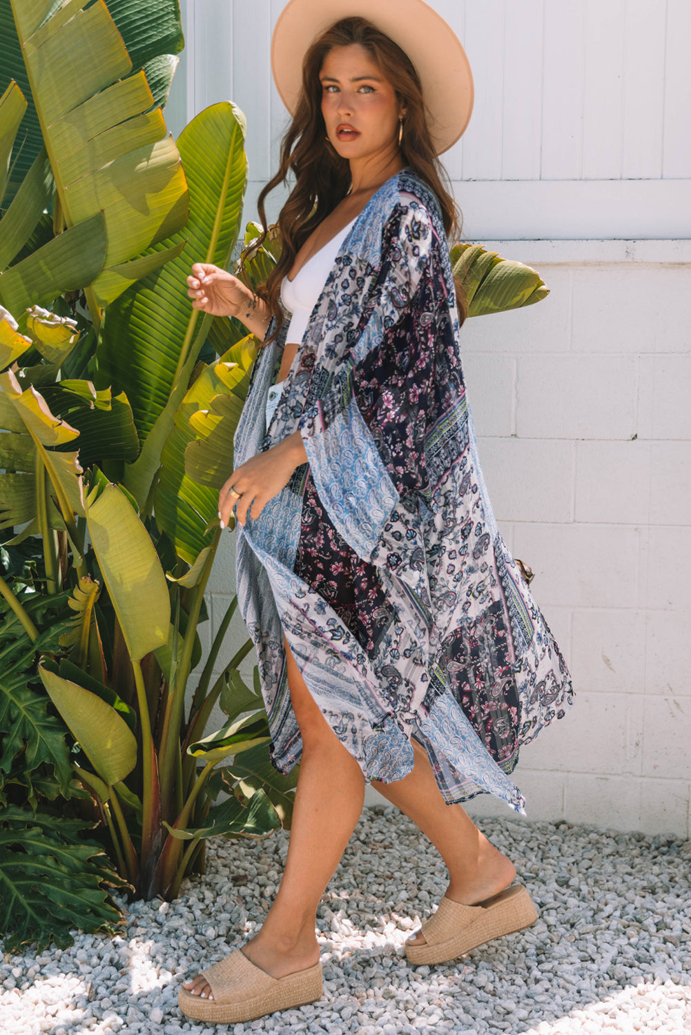 Retro Floral Print Long Loose Open Front Kimono – Blue