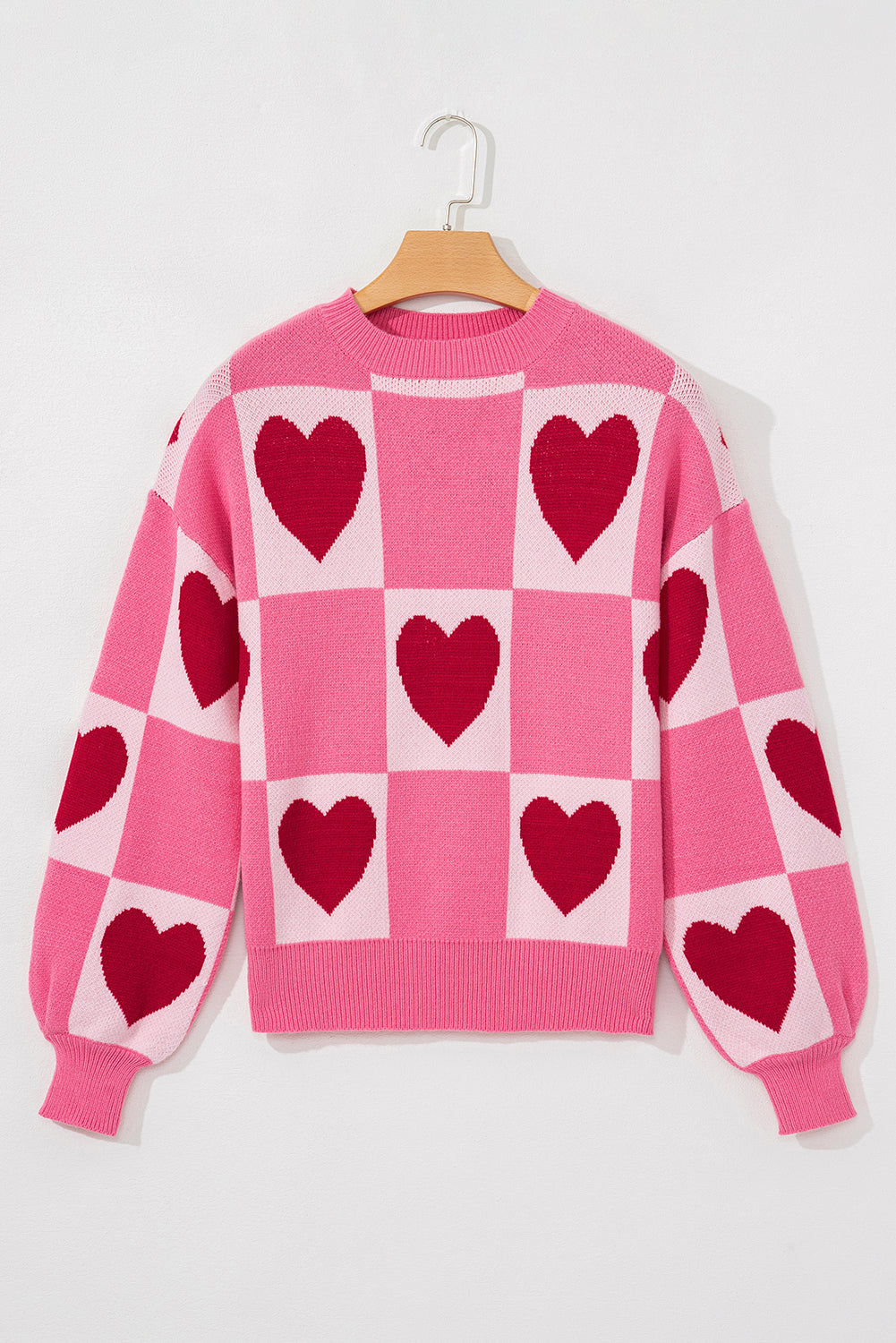Pink Love Heart Checkered Valentine Crew Neck Sweater eAura