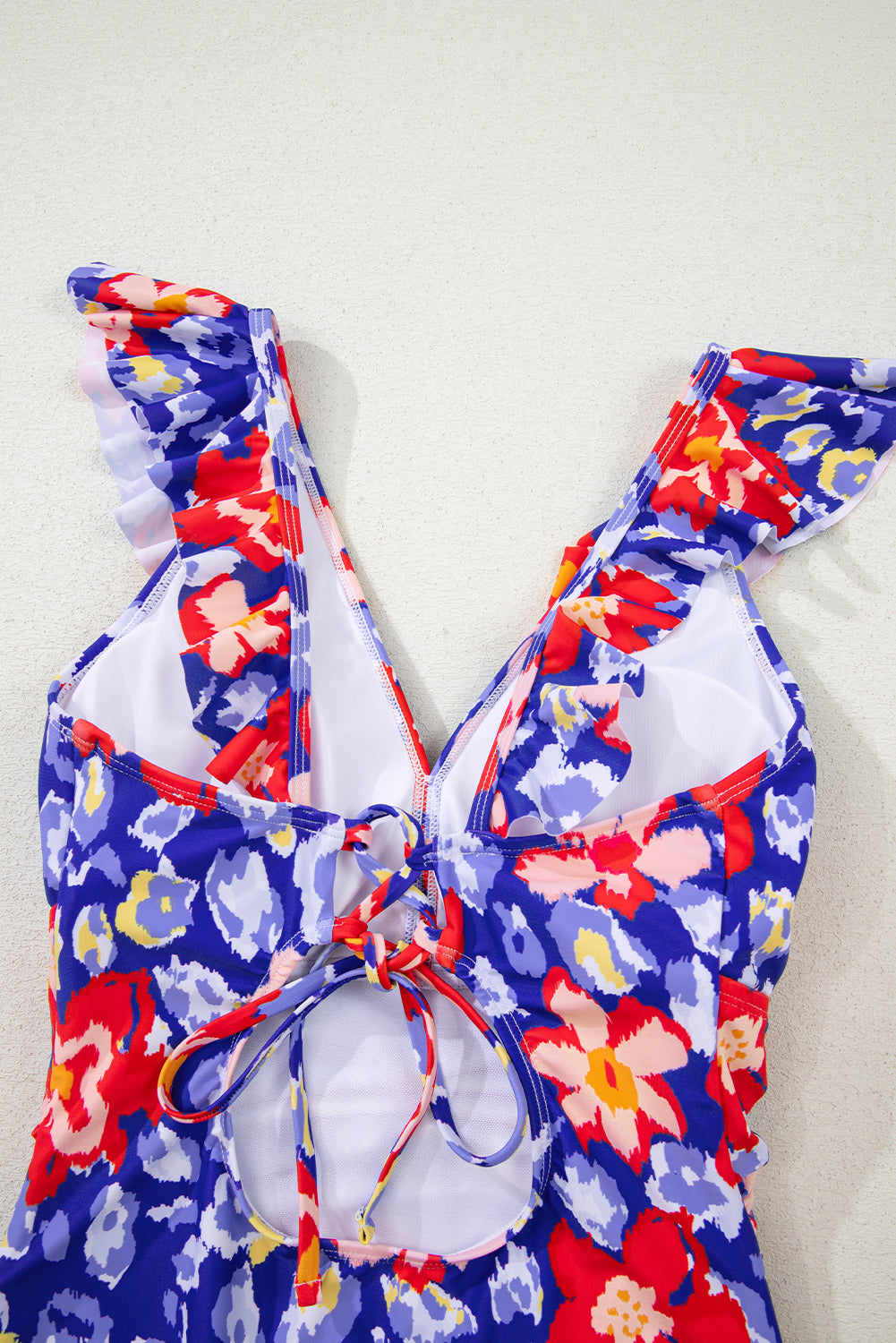 Blue Floral Ruffle Trim V Neck Lace-up Back Tummy Control One Piece Swimsuit eAura