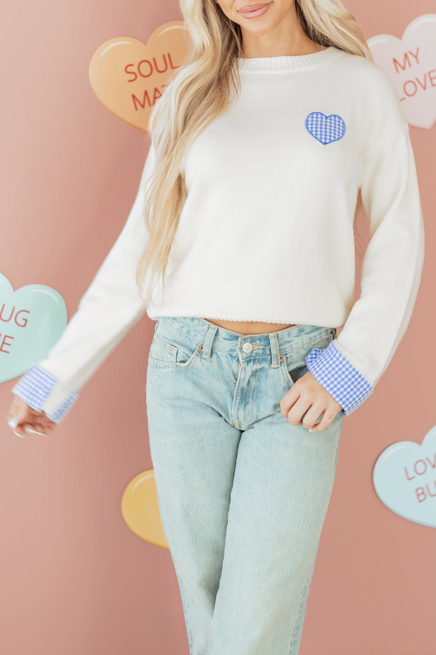Heart Embroidered Cuffed Drop Shoulder Sweater - Sweaters & Cardigans/Sweaters