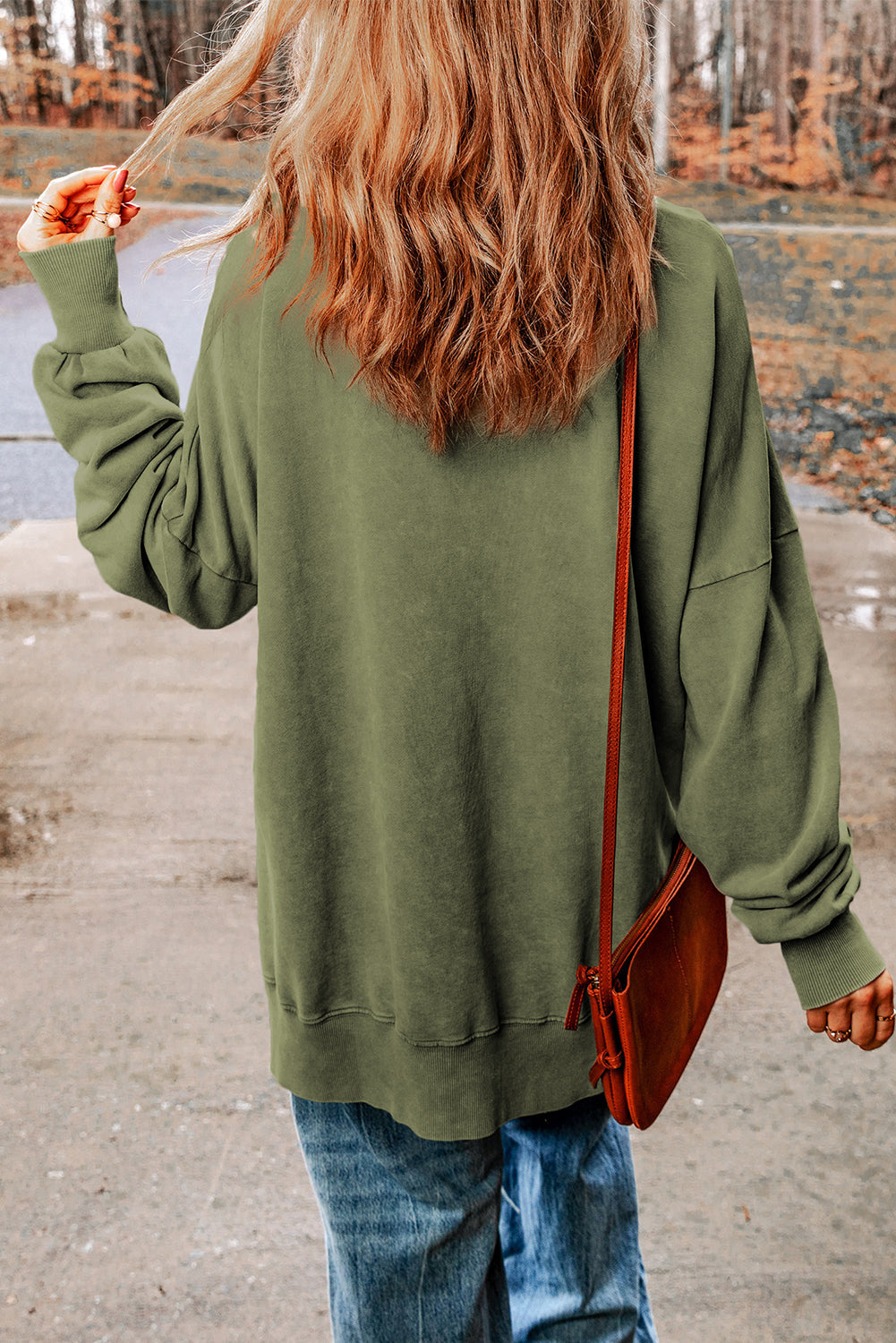 Green Drop Shoulder Ribbed Trim Oversized Sweatshirt eAura