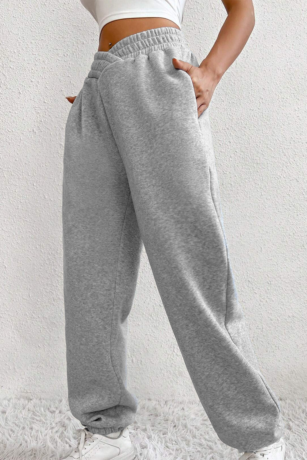 Solid Color Crisscross Elastic Waist Sweatpants – Light Grey