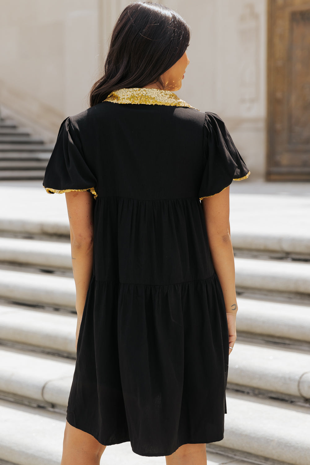 Black Sequin Trim Bubble Sleeve Game Day Shirt Dress eAura
