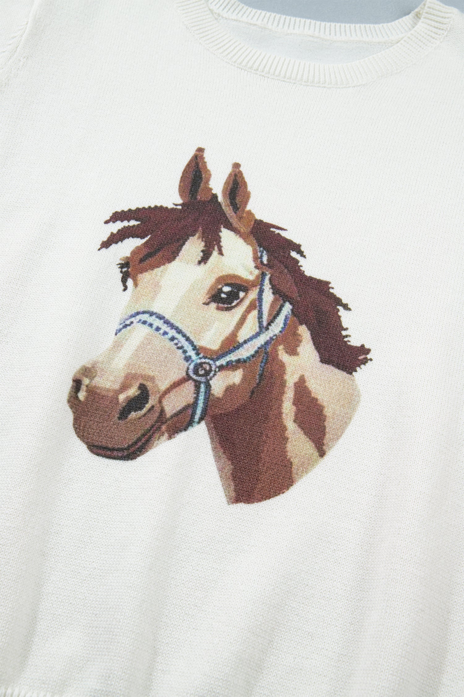 White Wild West Horse Head Print Short Sleeve Sweater