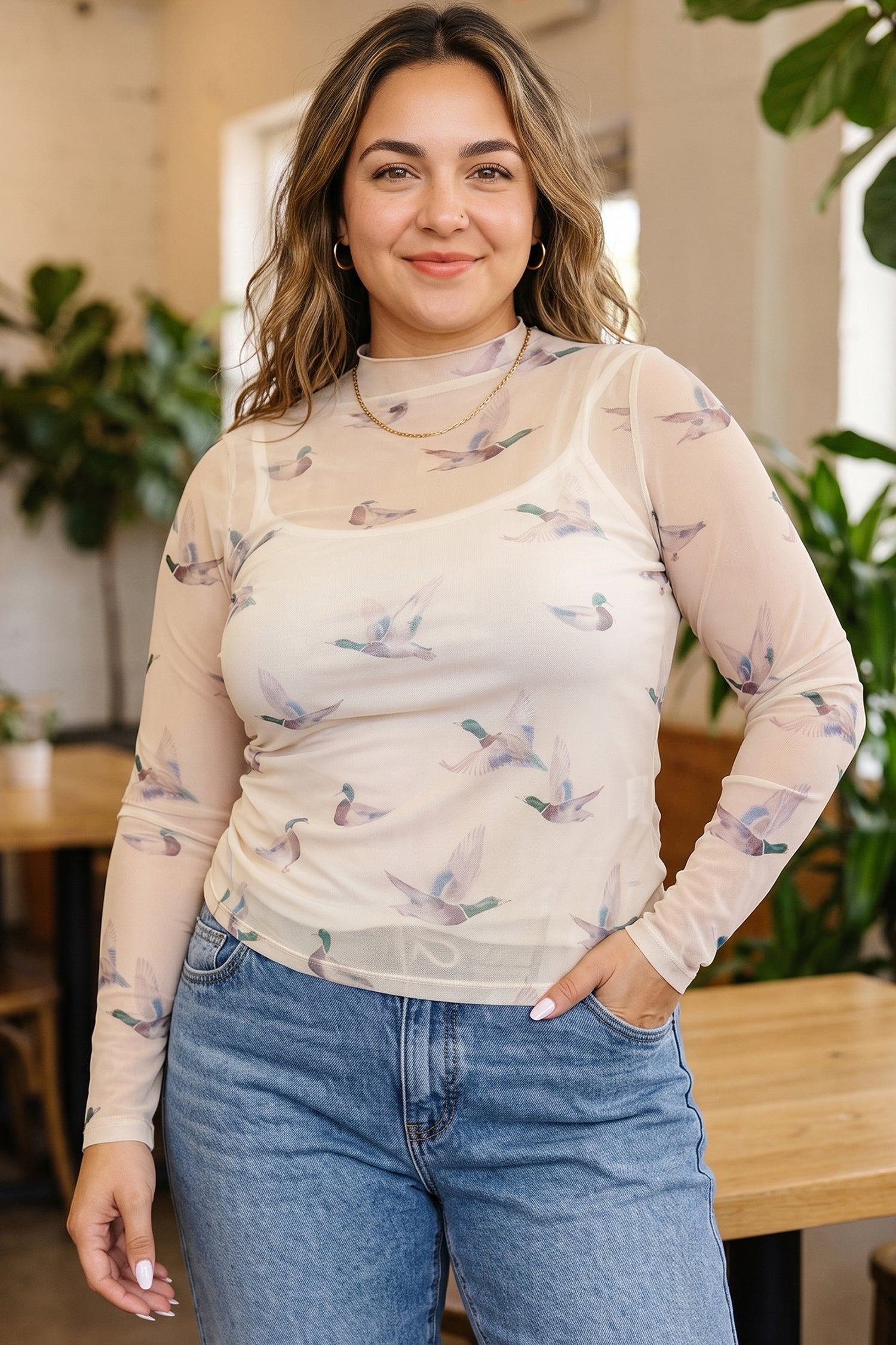 Mesh Duck Print Tunic Long Sleeve Plus Size Blouse – Beige