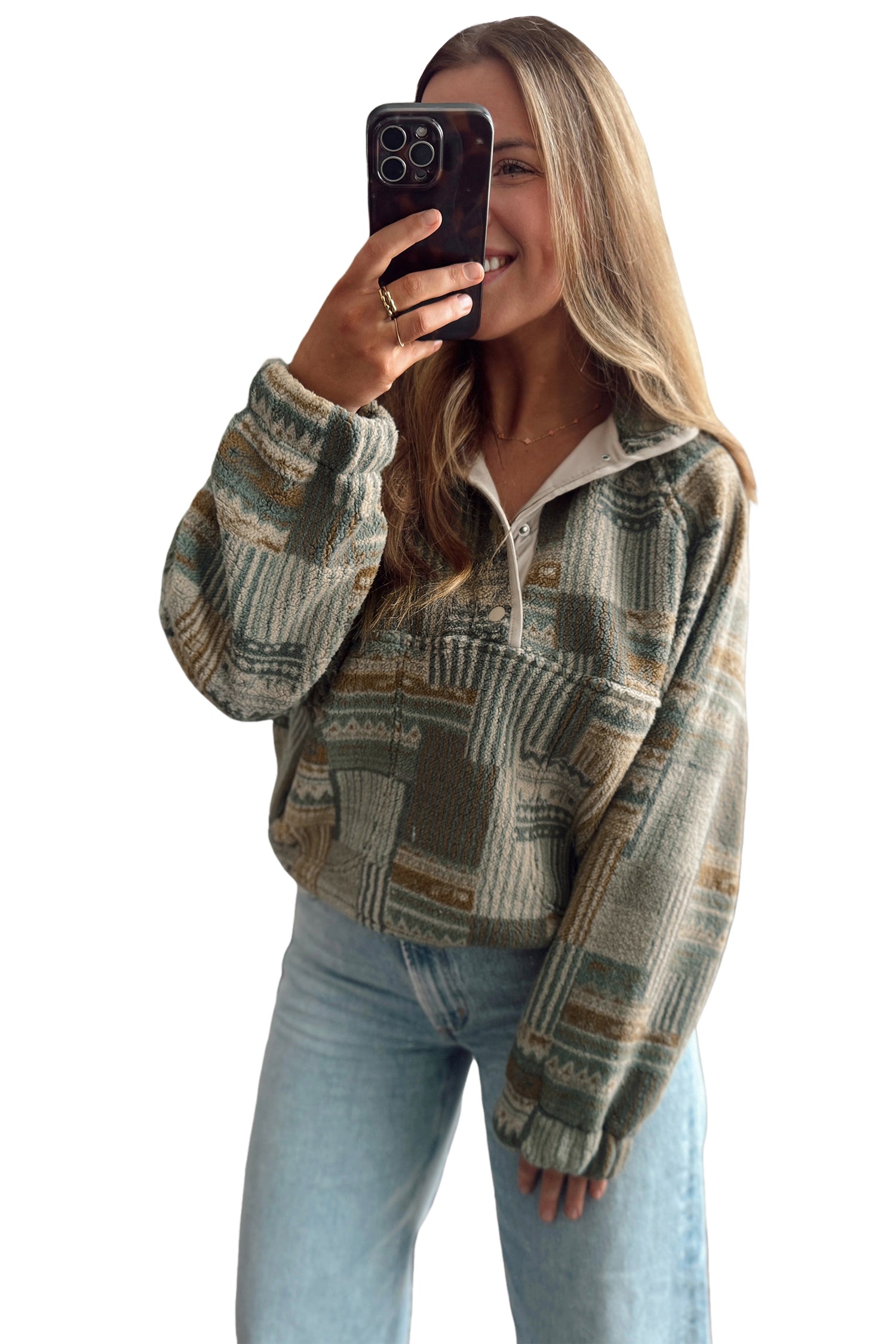 Western Print Fleece Pullover Long Sleeve Casual Fit Sweatshirt – Green