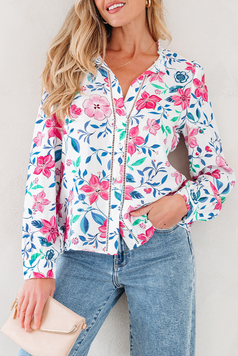 Pink Floral Print Lace Detail Button-up Long Sleeve Shirt - eAura
